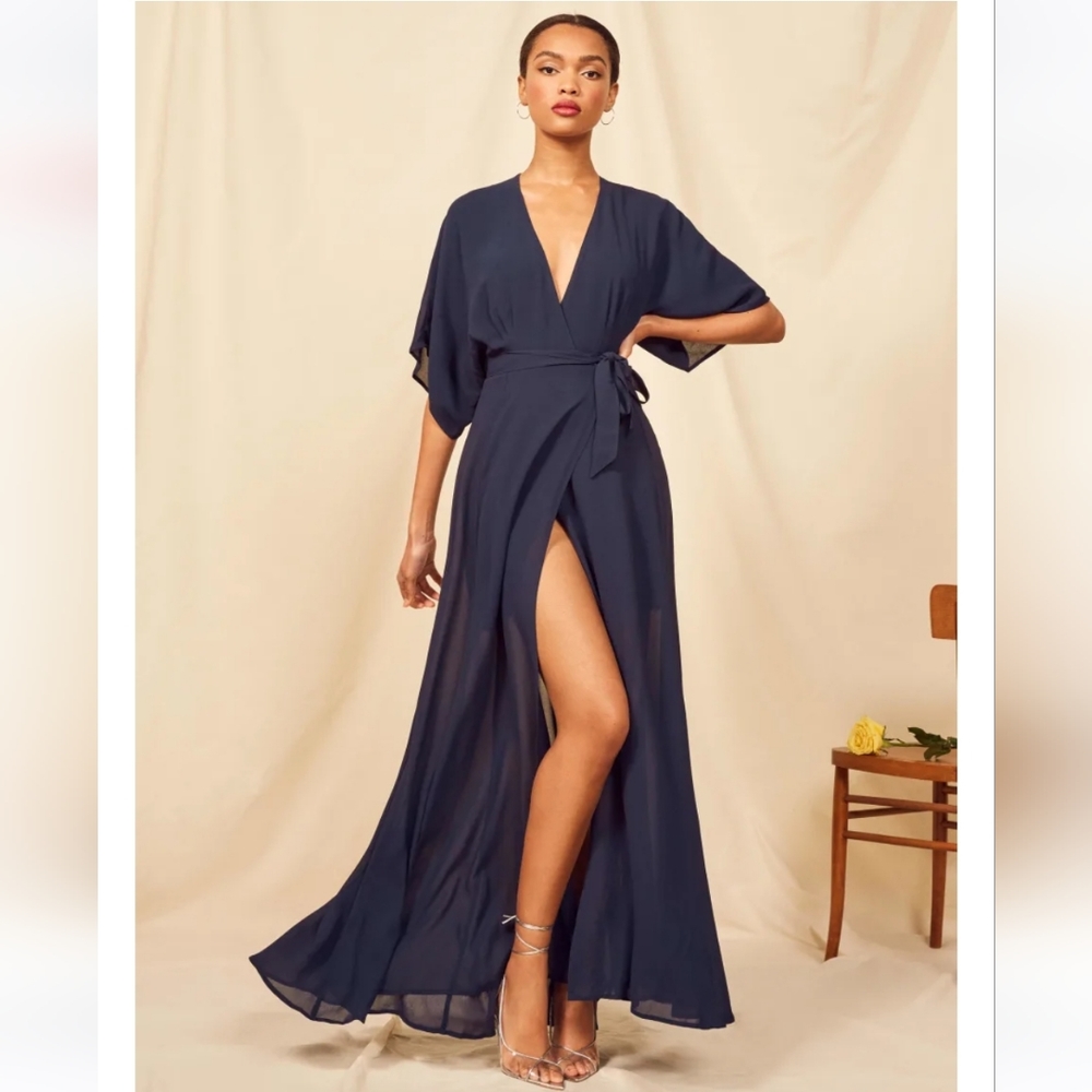 NWT Reformation Winslow Wrap Maxi Kimono Dress Navy Blue [size L]